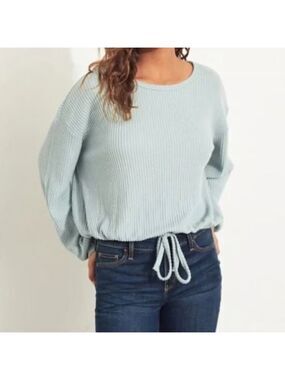 Hollister Open Back Teal Boyfriend Tie Front Waffle Knit Sweater Size Medium